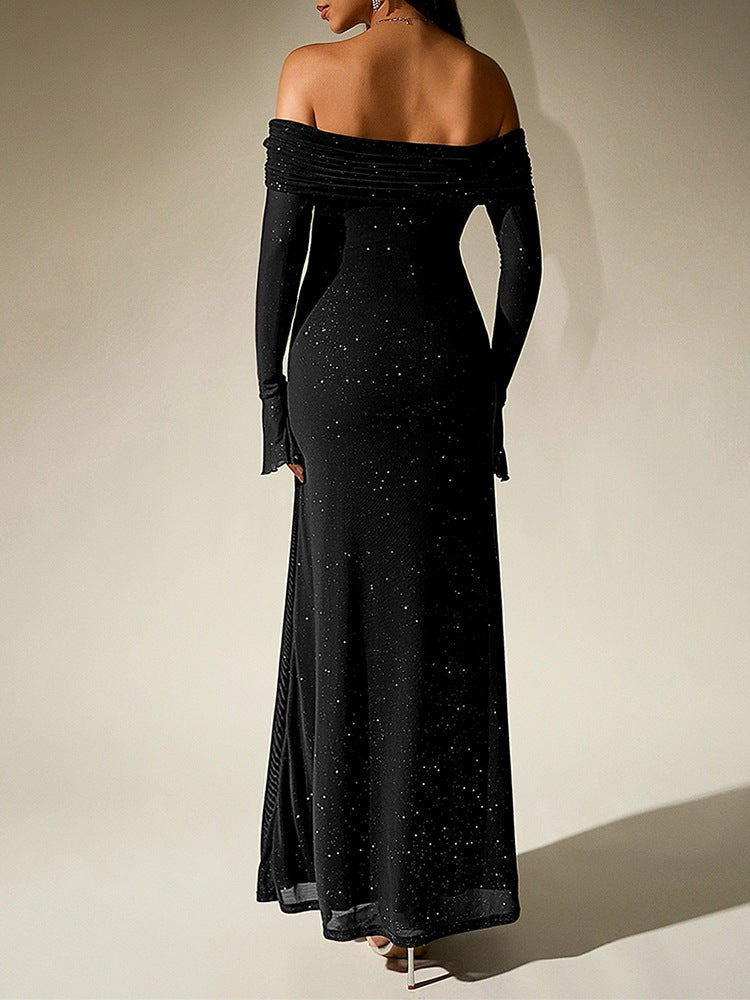 Liora Off-Shoulder Flare-Sleeve Dress-Black