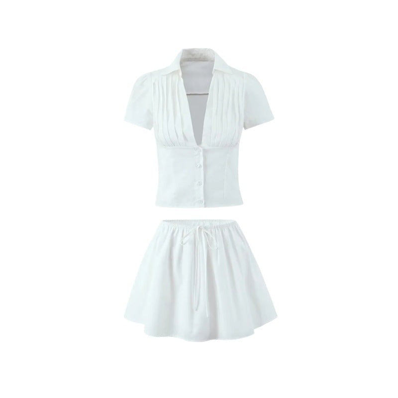 Serenne Drawstring Cropped Set-White