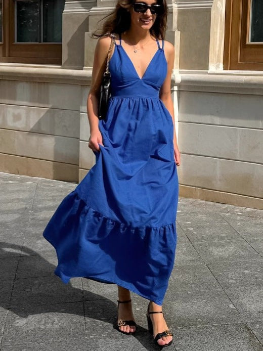Sylvara V-Back Cotton Sundress-Blue