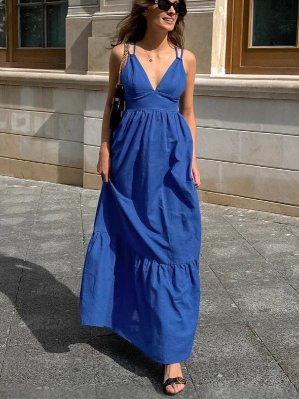 Sylvara V-Back Cotton Sundress-Blue