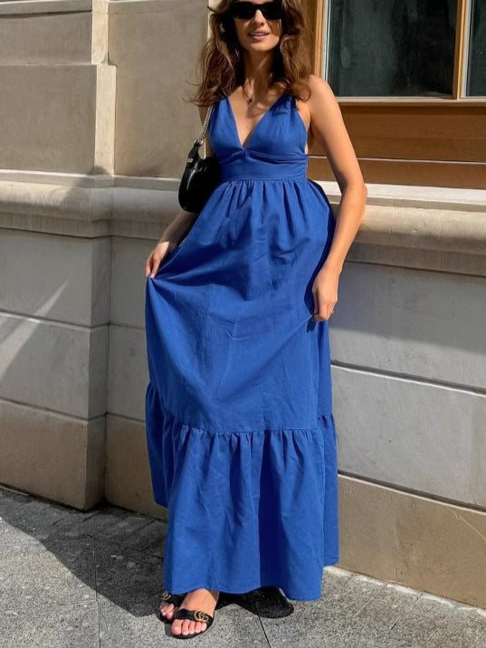 Sylvara V-Back Cotton Sundress-Blue