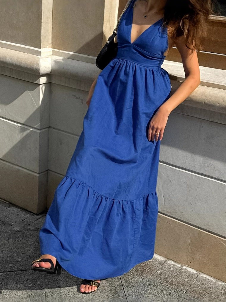 Sylvara V-Back Cotton Sundress-Blue