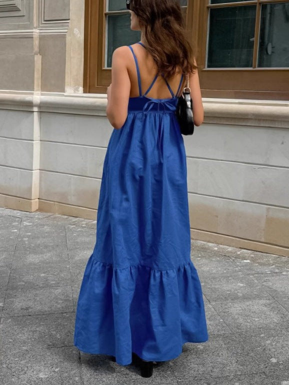 Sylvara V-Back Cotton Sundress-Blue