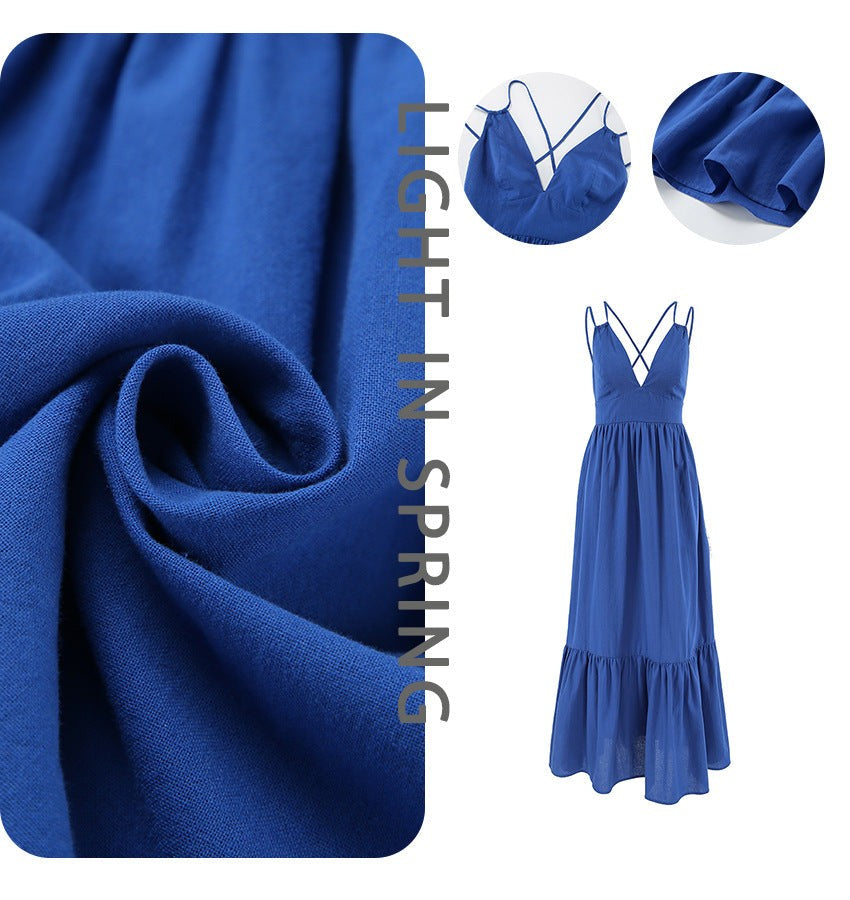 Sylvara V-Back Cotton Sundress-Blue